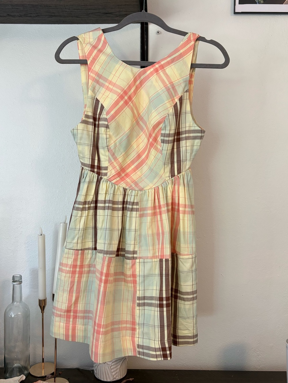 Anthropologie NWT lyre Bird Cottage Core Plaid Tiered Dress - Orange & Cream